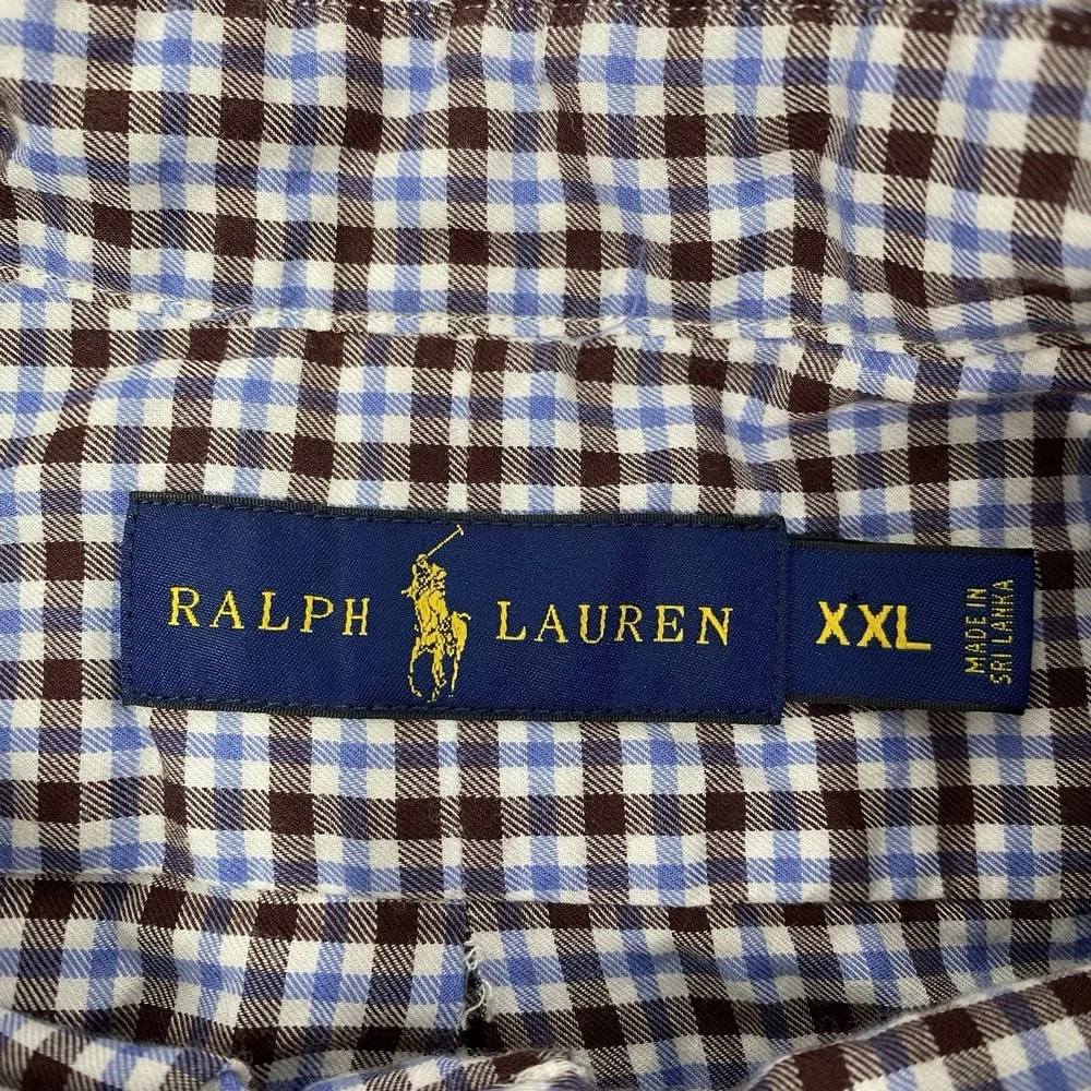 Ralph Lauren Button Down‎ Mens XXL Brown Blue Gingham Check Long Sleeve Shirt